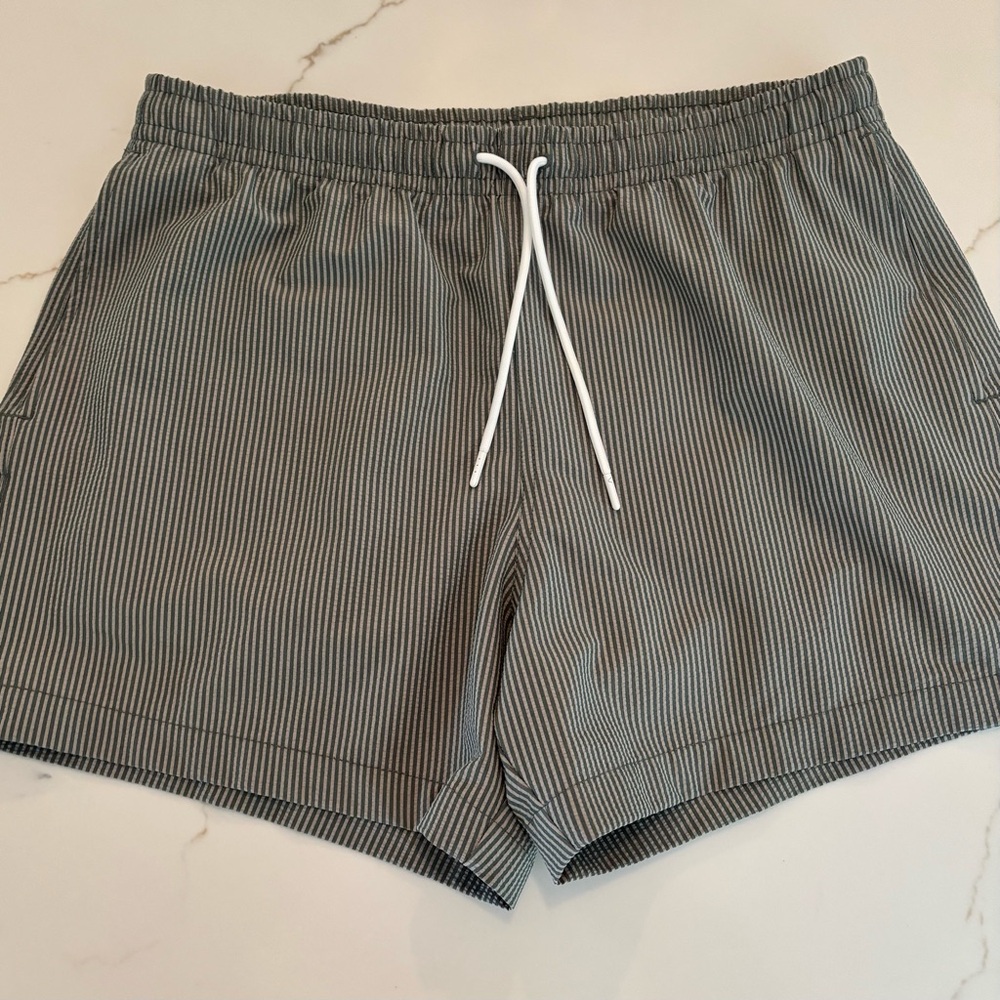 Men's Abercrombie & Fitch Striped Olive Green and Gray Swimsuit Shorts, Large